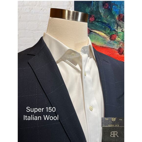 BR Banana Republic Mens 40L 36x31 Slim Navy Blue Plaid Suit Super 150s Italy - Picture 5 of 16